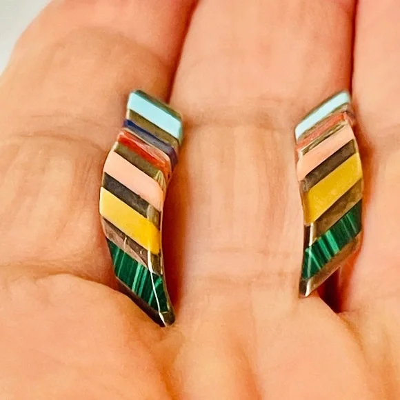 Zuni VTG Native American Sterling Turquoise Coral Onyx Opal Lapis Earrings - Picture 7 of 7